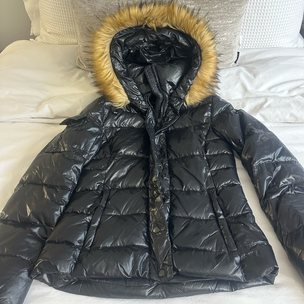Aqua Shiny Black Puffer Jacket with Faux Fur Trim Hood